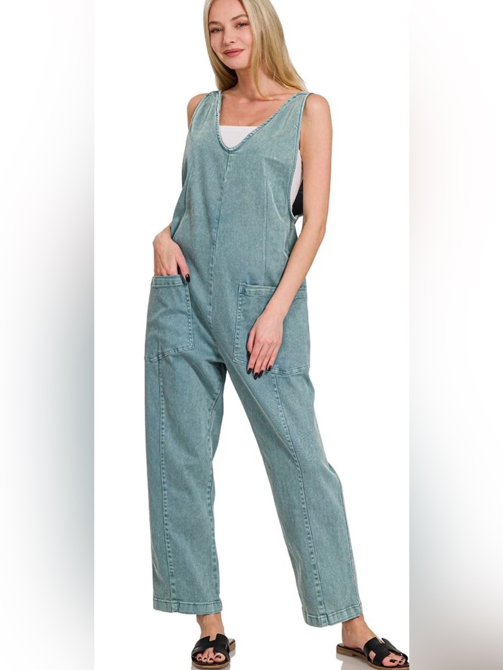 Zenana women’s olive stretchy Dunagrees overall jumpsuit NWT Large